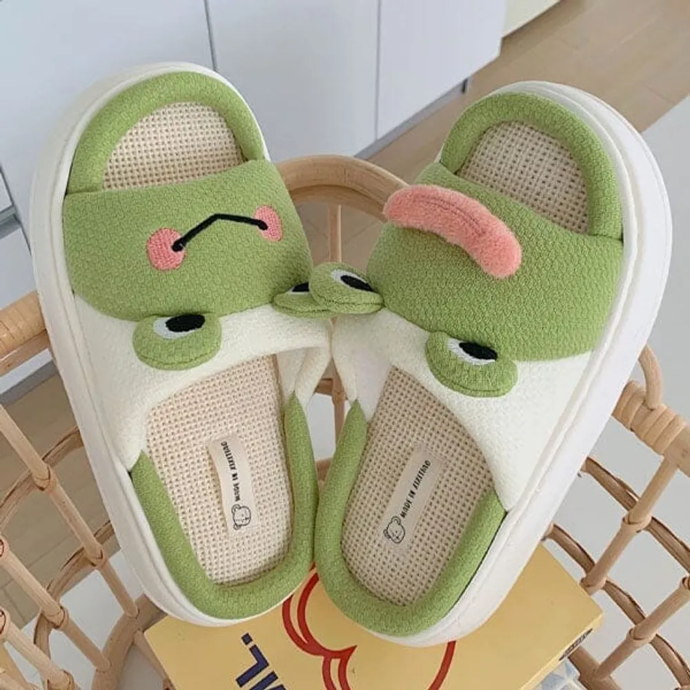 Frog Shhhandals Slippers | Unisex Linen Waffle Knit Plush Animal Slides Multiple Sizes