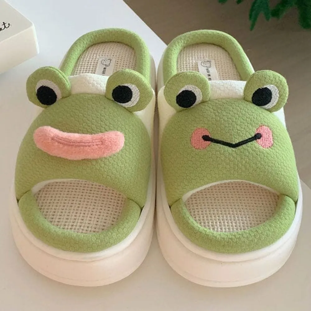 Frog Shhhandals Slippers | Unisex Linen Waffle Knit Plush Animal Slides | Multiple Sizes