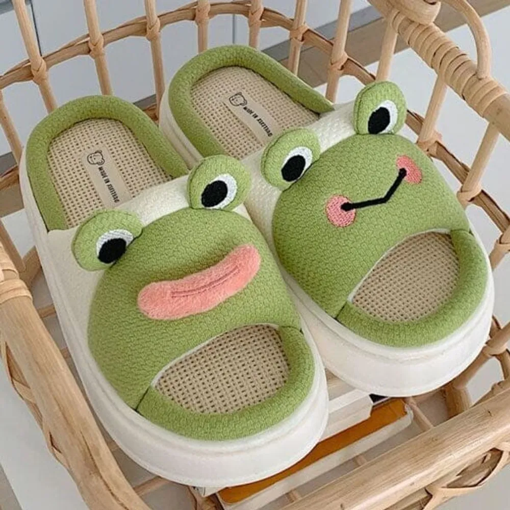 Frog Shhhandals Slippers | Unisex Linen Waffle Knit Plush Animal Slides | Multiple Sizes