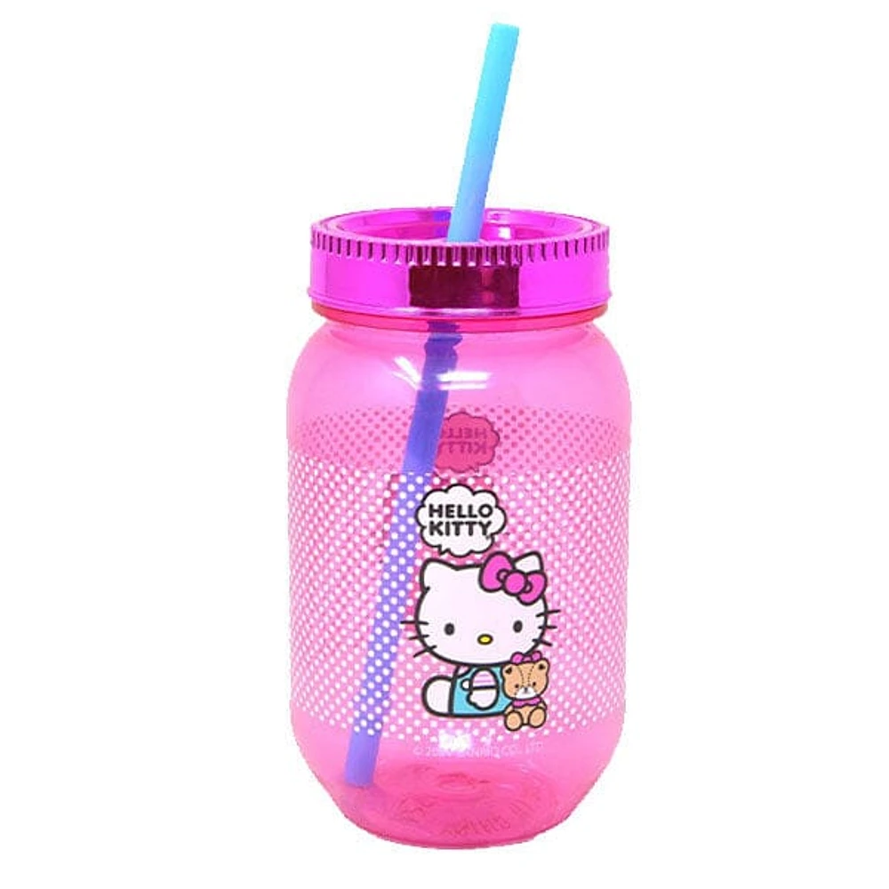 Hello Kitty Sanrio 18oz Teddy Bear Graphic Pink Mason Jar w/ Straw & Lid