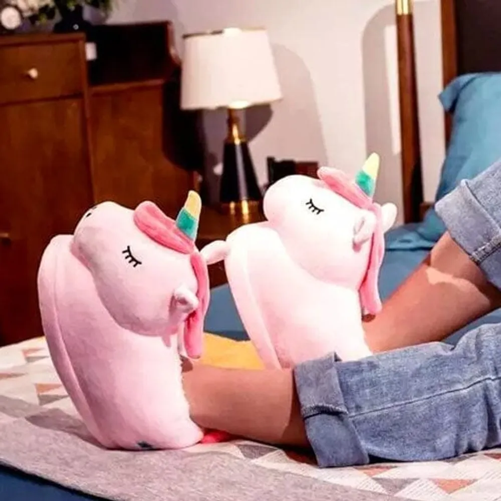 Cartoon Unicorn Pink Plush Slippers | As Seen On Social