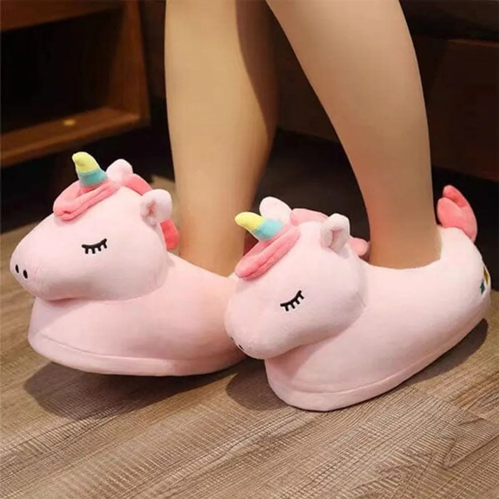 Cartoon Unicorn Pink Plush Slippers