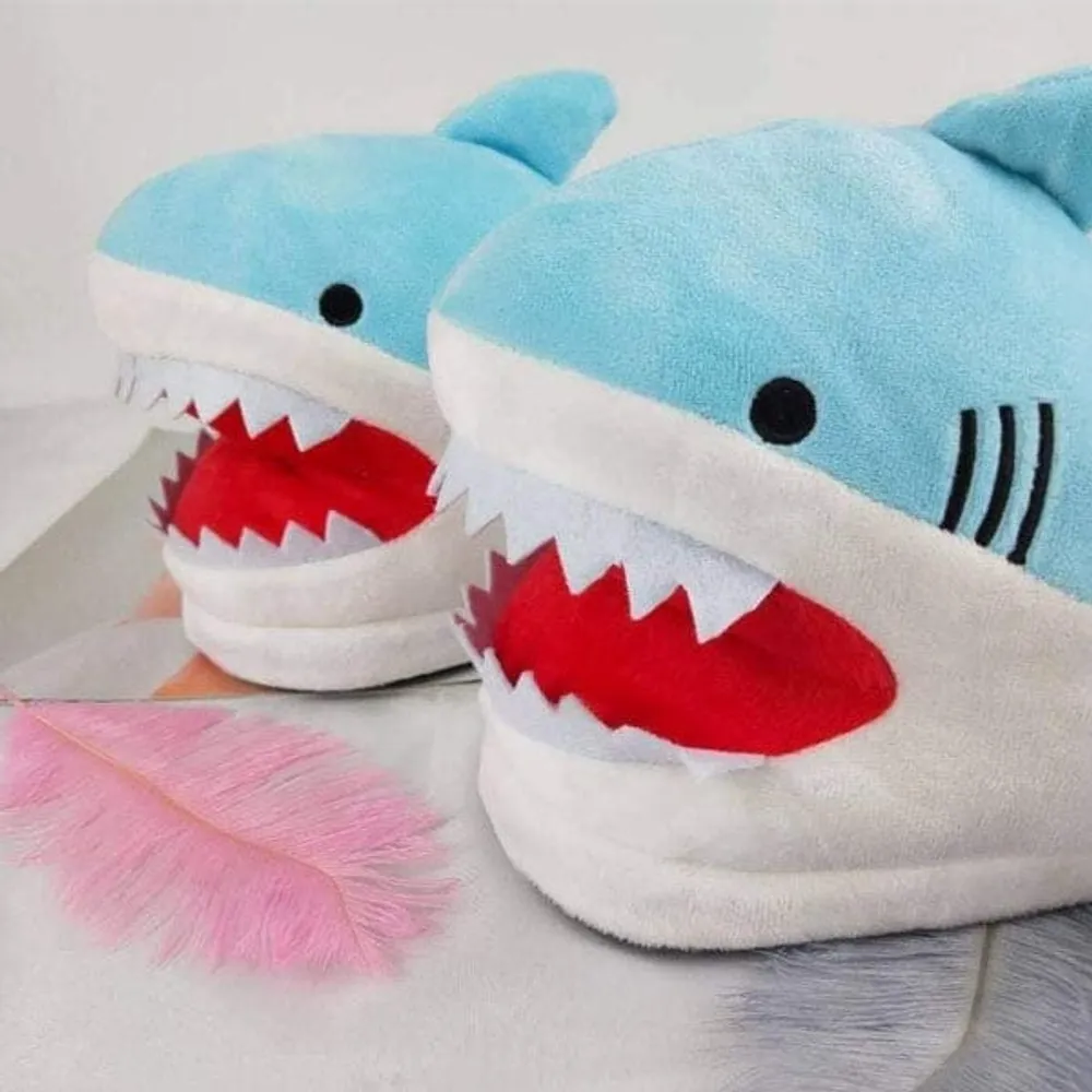 Cartoon Shark Blue Plush Slippers | As Seen On Social