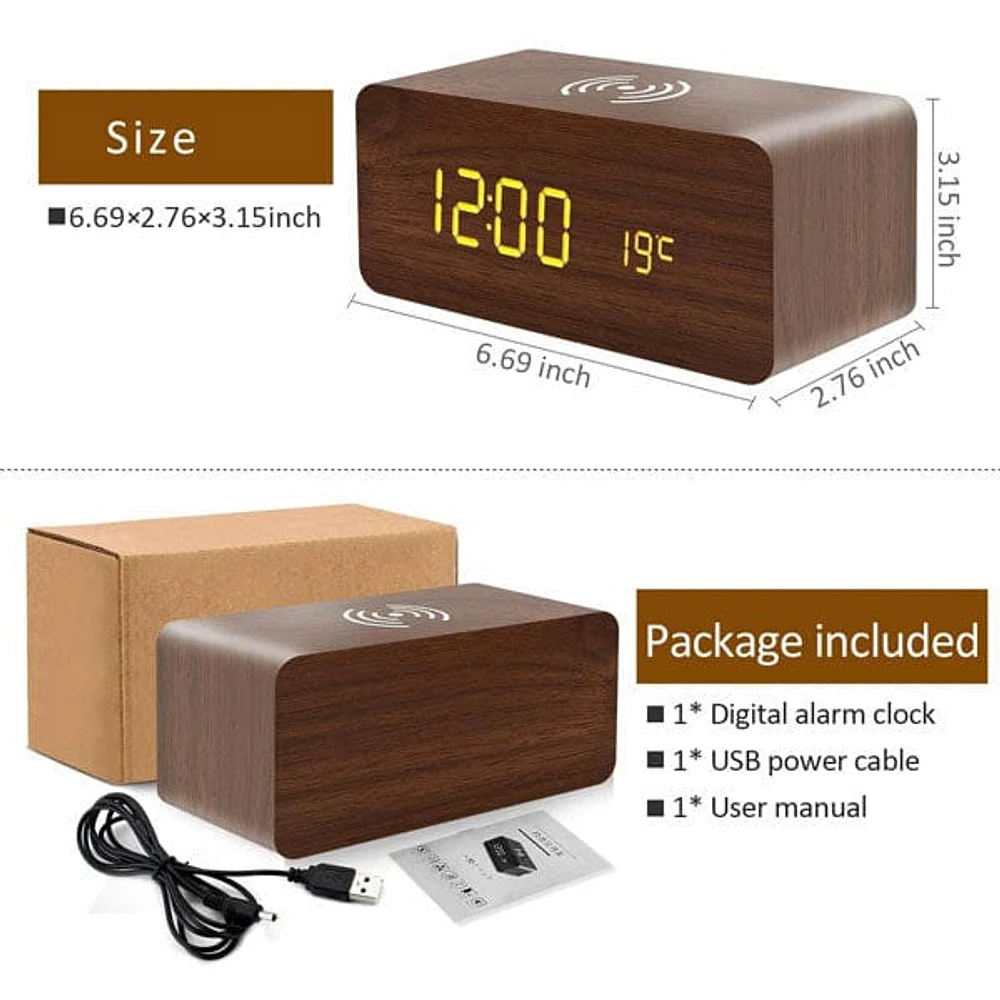 LumbrTime Wood Finish LED Clock With Wireless Induction Phone Charger