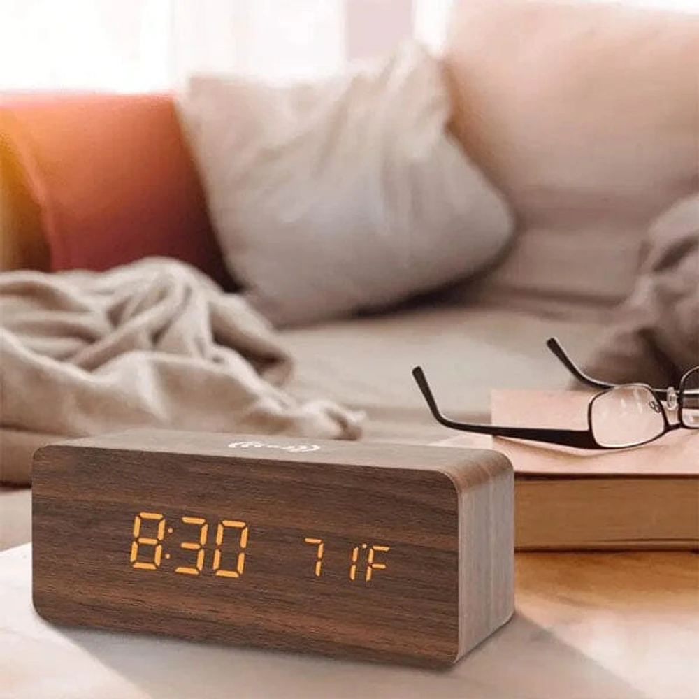 LumbrTime Wood Finish LED Clock With Wireless Induction Phone Charger