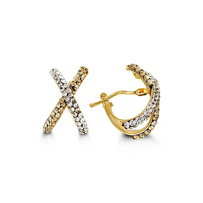 C.Z. Cross- Over Yellow Gold Earrings