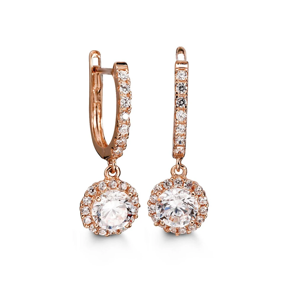 Halo C.Z. 4 Prongs Rose Gold Lux Drop Earrings