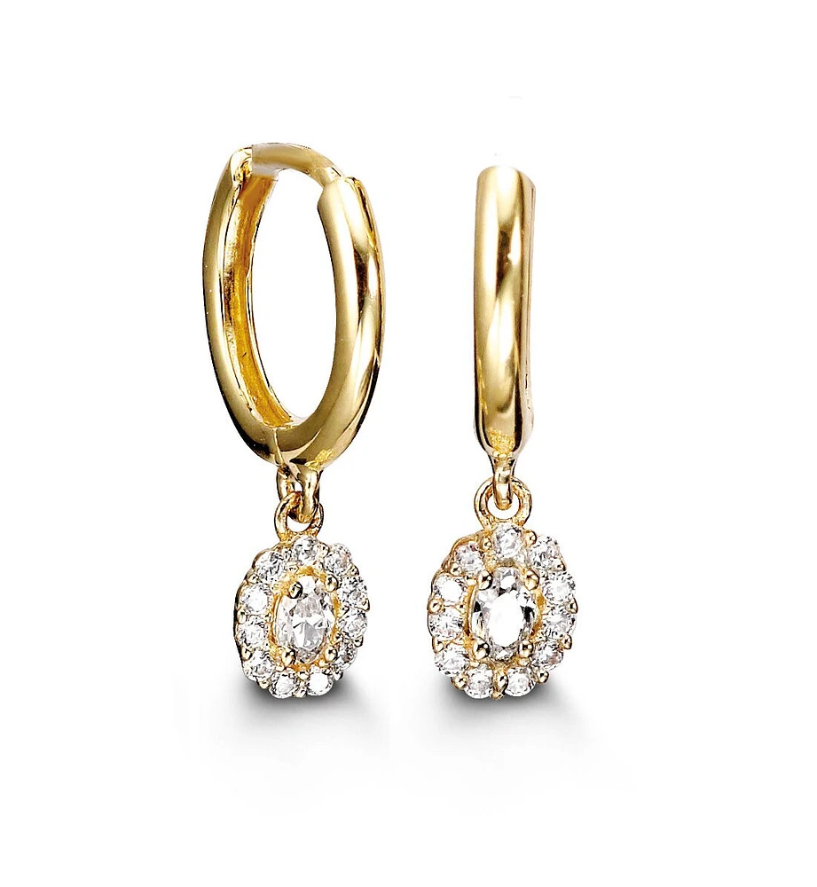 Halo C.Z. Shiny Polish Yellow Gold Lux Drop Earrings