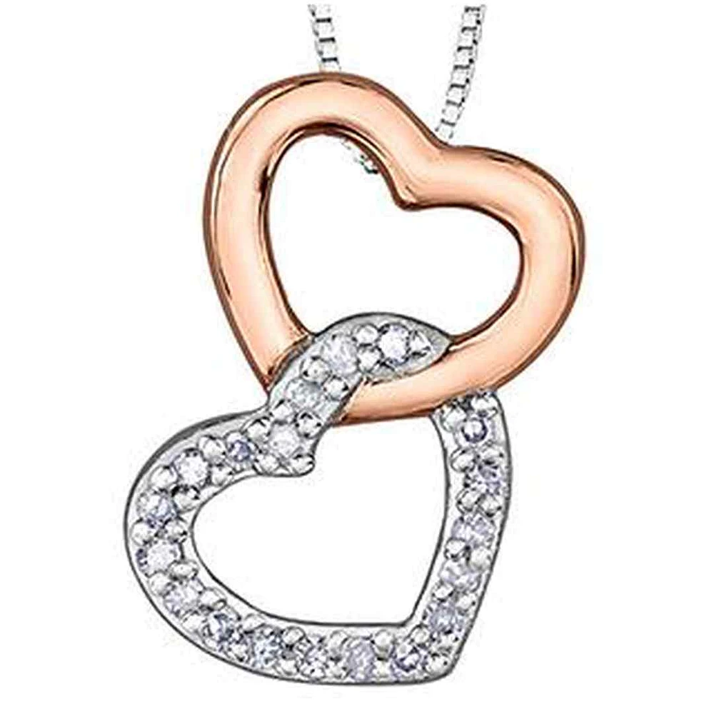 10K Rose & White Gold Diamond (0.06 ct. T.W) Duo Heart Interlocking Necklace