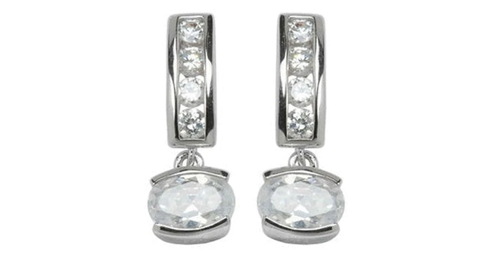 Sterling Silver Rhodium Plated Oval Drop Cubic Zirconia Earring. Stone size: 7x5(mm)