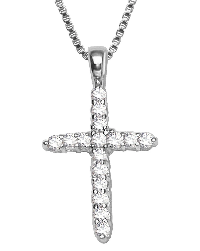 Sterling Silver Rhodium Plated Cubic Zirconia Cross Pendant with Box Chain 18"