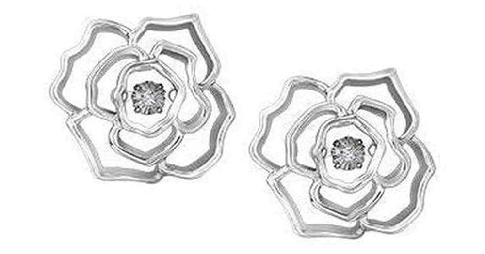 Sterling Silver Canadian Dancing Diamond (0.02 ct T.W.) Rose Flower Studs