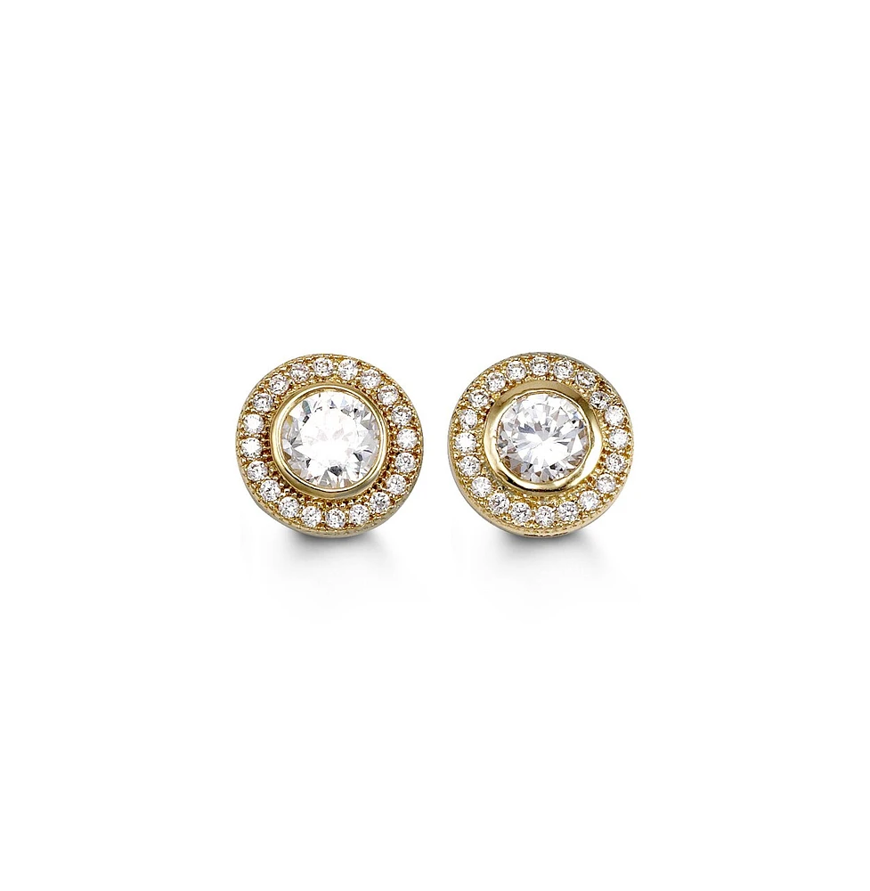 CZ Halo Pave Gold Studs in Bezel Style