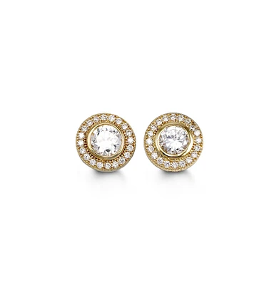 CZ Halo Pave Gold Studs in Bezel Style