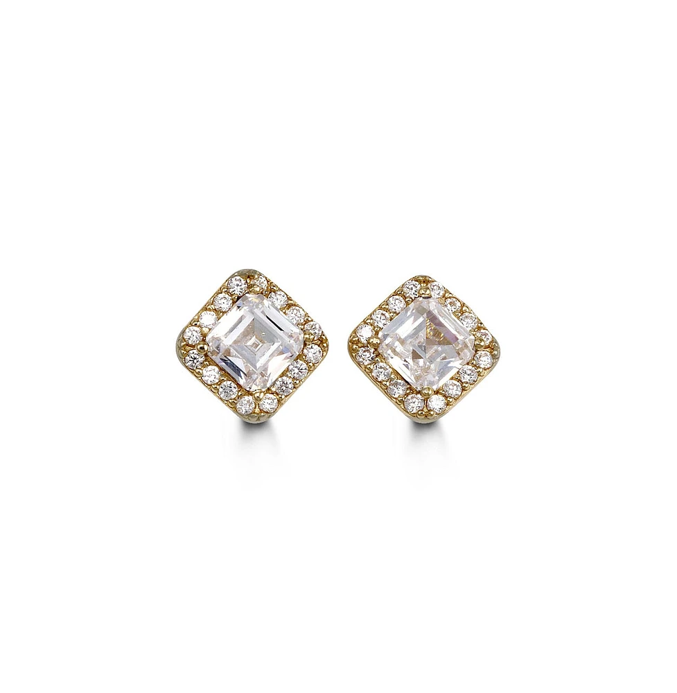 CZ Princess Cut Halo Pave White Gold Studs