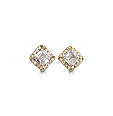 CZ Princess Cut Halo Pave White Gold Studs