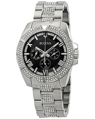 Bulova Men's Chronograph Crystal Stainless Steel Watch with Black Dial 96C126