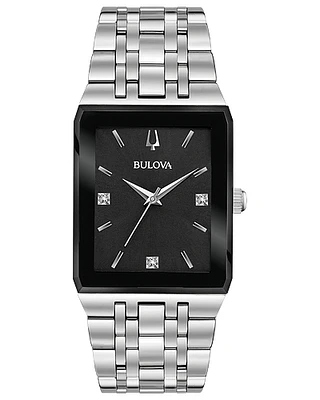 Bulova Quadra Silver-tone Square Black Dial Stainless Steel Watch 96D145