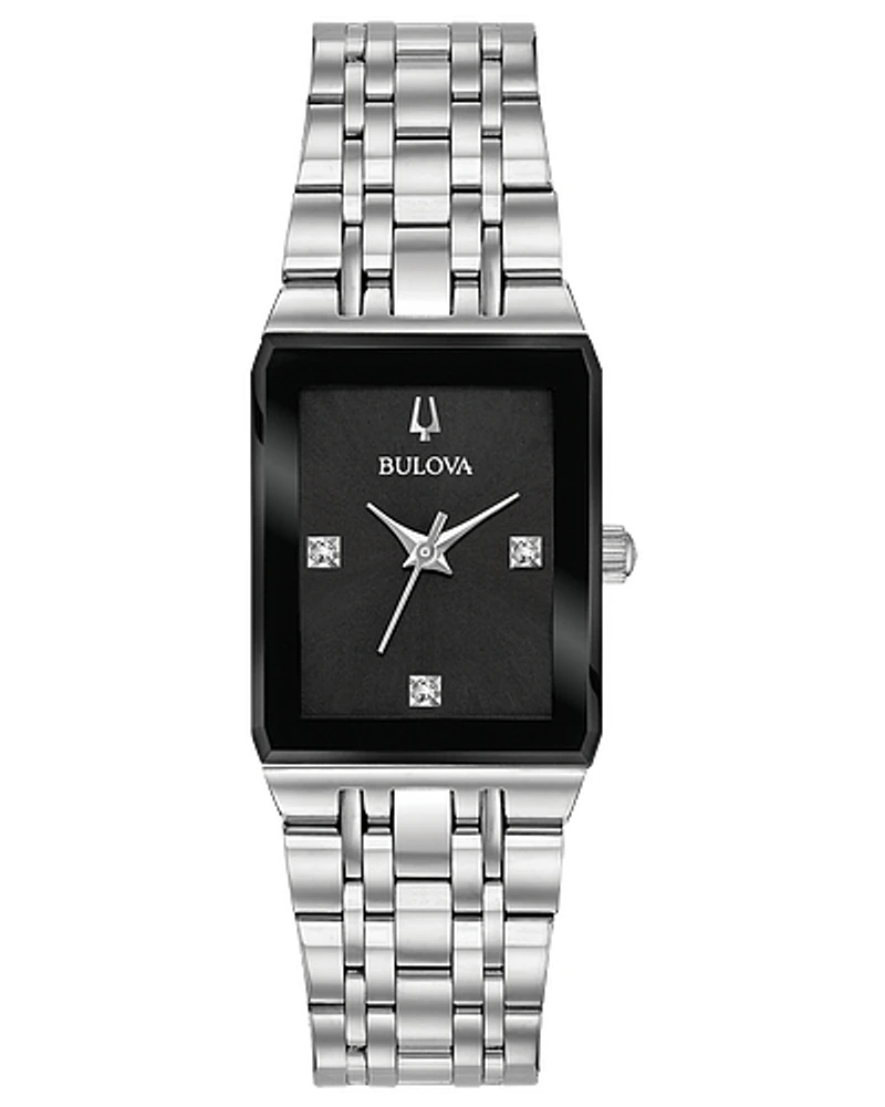 Bulova Quartz Quadra Black Dial Diamond Rectangular Steel Watch 96P202