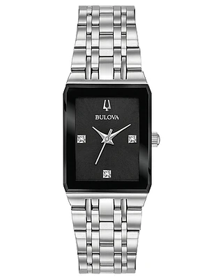 Bulova Quartz Quadra Black Dial Diamond Rectangular Steel Watch 96P202