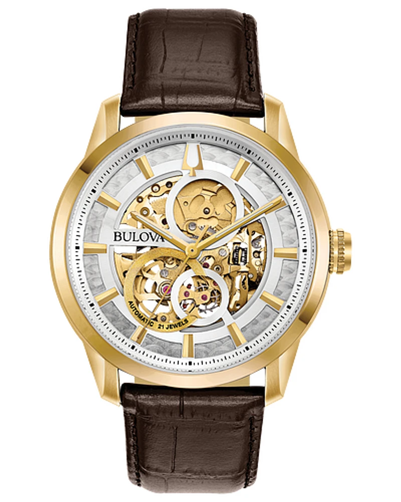 Bulova Men's Sutton Automatic Skeleton Dial Leather Strap 97A138