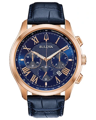 Bulova Wilton Men's Rose Gold Blue Dial Leather Watch 97B170