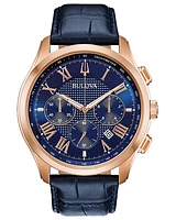 Bulova Wilton Men's Rose Gold Blue Dial Leather Watch 97B170