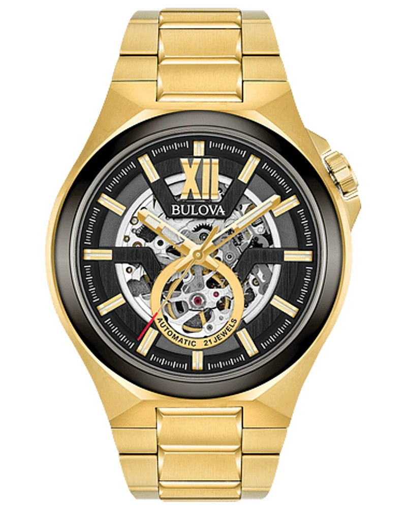 Bulova Maquina Men's Gold-tone Black Skeleton Dial Automatic Watch 98A178