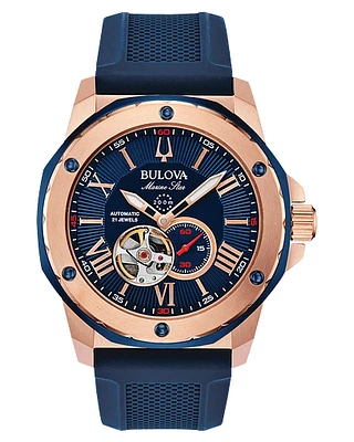 Bulova Marine Star Automatic Blue Dial Rose Gold Watch 98A227