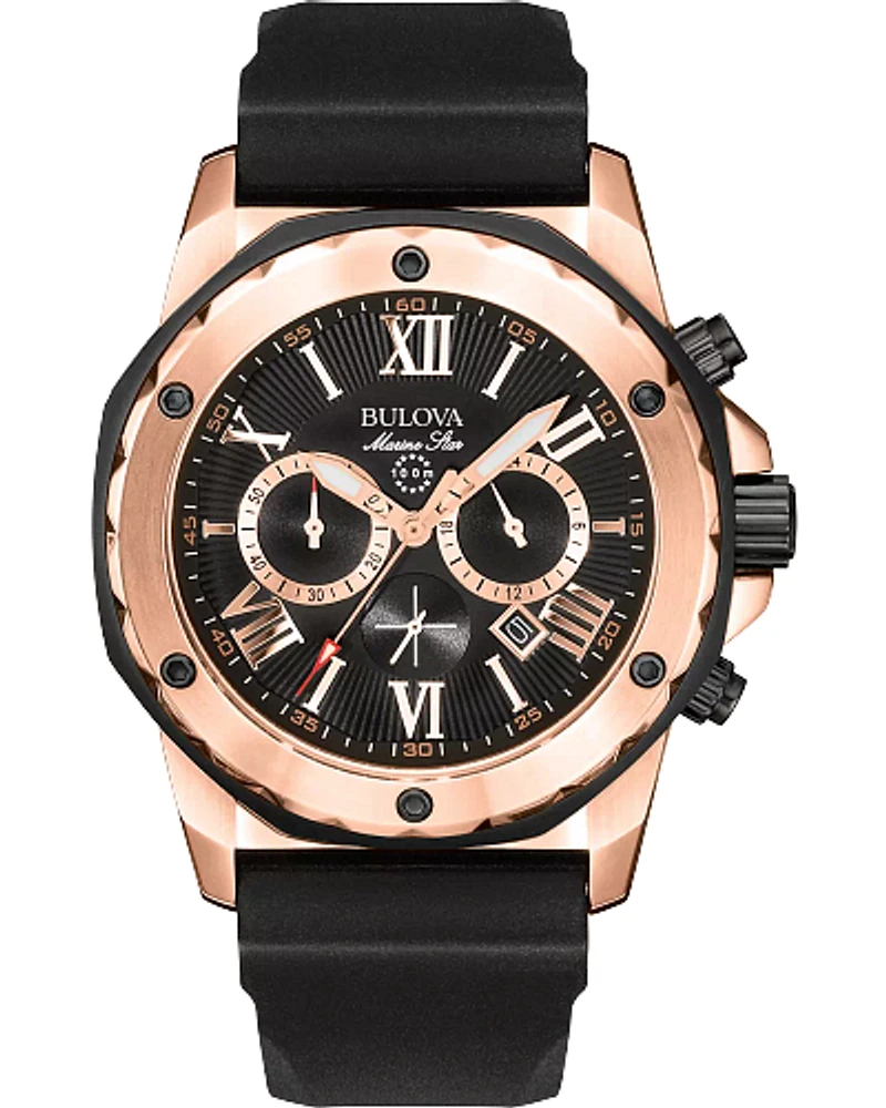 Bulova Marine Star Men's Chronograph Rose Gold Black Dial 98B104