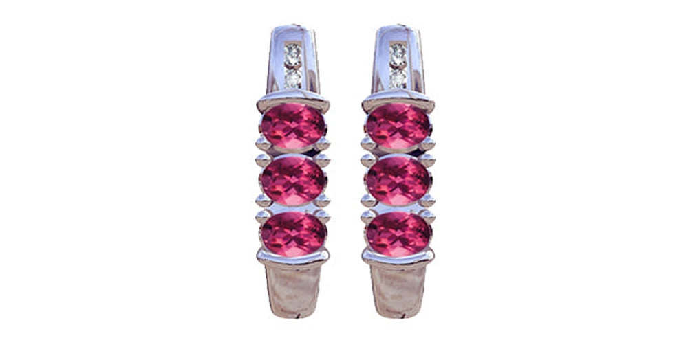 Pink Tourmaline & Diamond 3-stone Stud Earrings in White Gold