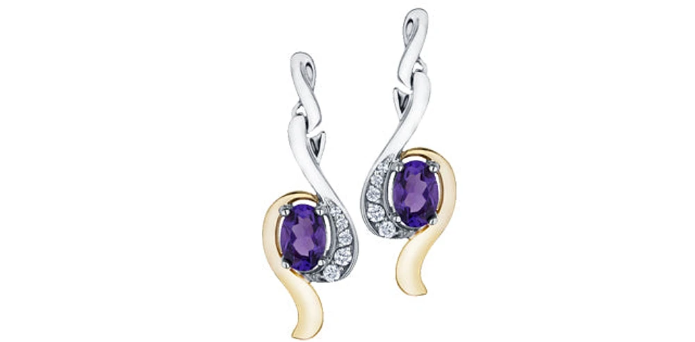 Amethyst & Diamond Stud Earrings in Two Tone Gold