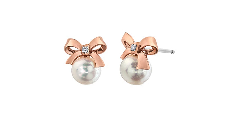 Pearl Diamond Accent Ribbon Stud Earring in White Gold