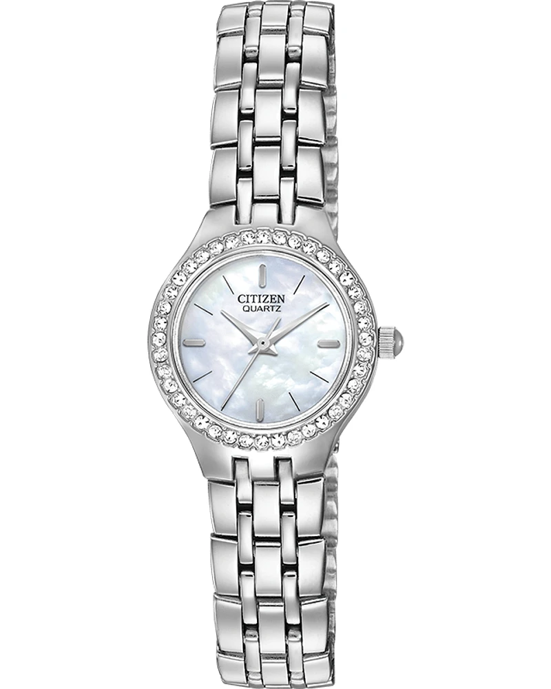 Citizen Quartz Watch Silver-tone with Crystal Accents and Mother-of-Pearl Dial (Model EJ6040-51D)