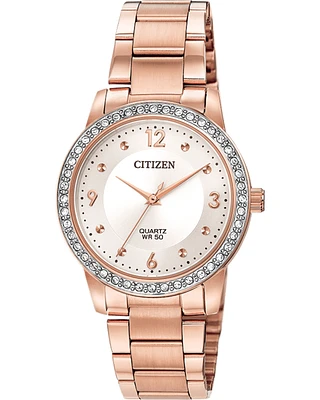 Citizen Quartz Crystal Accent Rose-Tone Watch with Silver-Tone Dial (Model EL3093-83A)