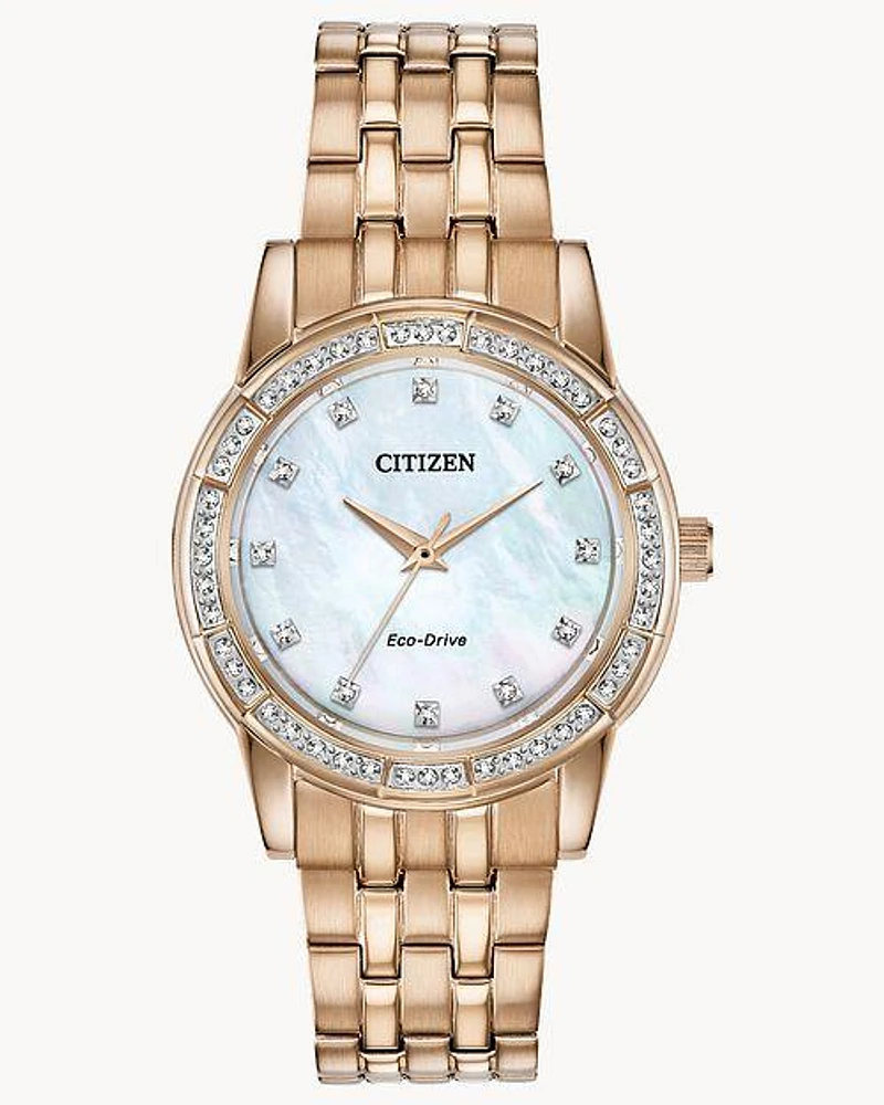 Citizen Eco-Drive Silhouette Crystal Rose Gold-Tone White Dial Watch (Model EM0773-54D)