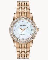 Citizen Eco-Drive Silhouette Crystal Rose Gold-Tone White Dial Watch (Model EM0773-54D)