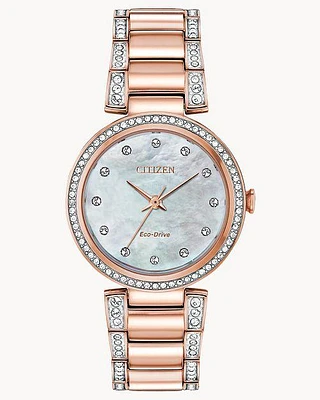 Citizen Eco-Drive Silhouette Crystal Pink Gold-Tone Watch (Model EM0843-51D)