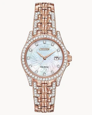 Citizen Eco-Drive Silhouette Crystal Accent Rose -tone Watch with Mother-of-Pearl Dial (Model EW1228-53D)