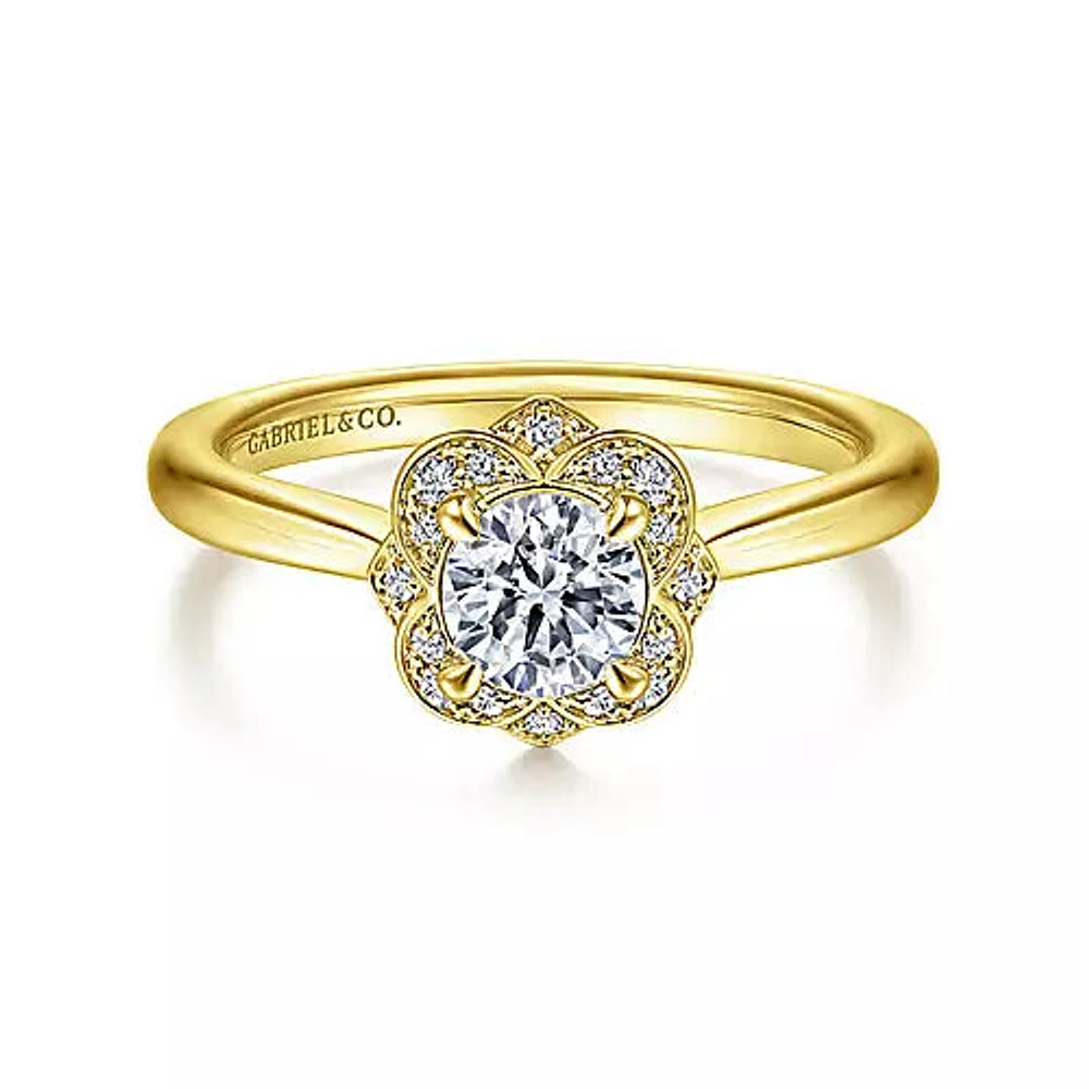 Gabriel & Co-14k Yellow Gold Floral Halo Round Diamond Engagement Ring - 0.07 ct