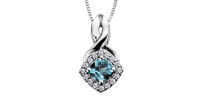 Cushion Cut Blue Topaz Diamond Halo Pendant in White Gold