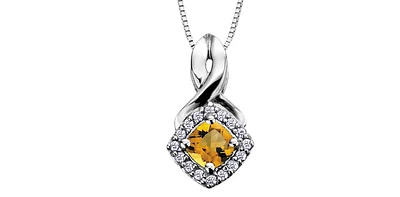 November Cushion Cut Citrine Diamond Halo Pendant in White Gold