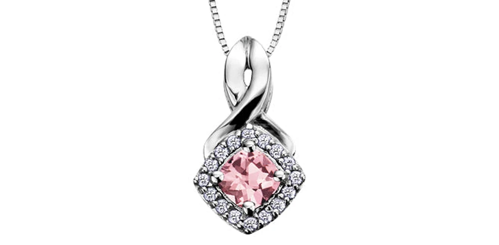 Cushion Cut Pink Tourmaline Diamond Halo Pendant in White Gold