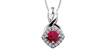 Cushion Cut Ruby Diamond Halo Pendant in White Gold