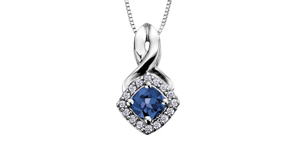 September Cushion Cut Sapphire Diamond Halo Pendant in White Gold