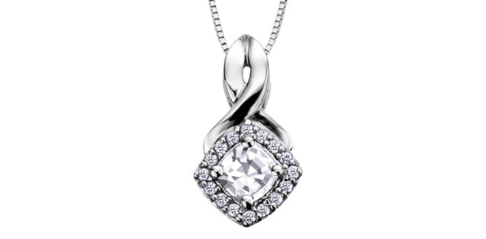 Cushion Cut C.Z Diamond Halo Pendant in White Gold