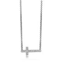 SS ELLE "DEVOTION" SIDEWAY CROSS (17X8.5) CZ NECKLACE, 16+2"