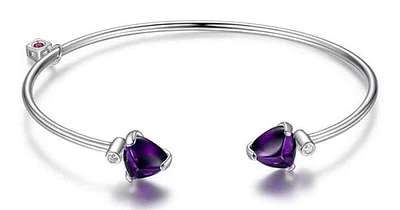 SS ELLE "MARBLE" RHODIUM PLATED SYNTHETIC AMETHYST TRIANLGE CUT 8X5MM & CUBIC ZIRCONIA CUFF BANGLE 6.75"