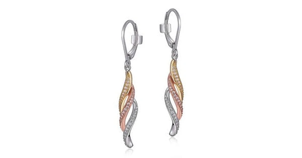 Sterling Silver Rhodium and Gold Plated 3-Tone Twisted Cubic Zirconia Leverback Earring