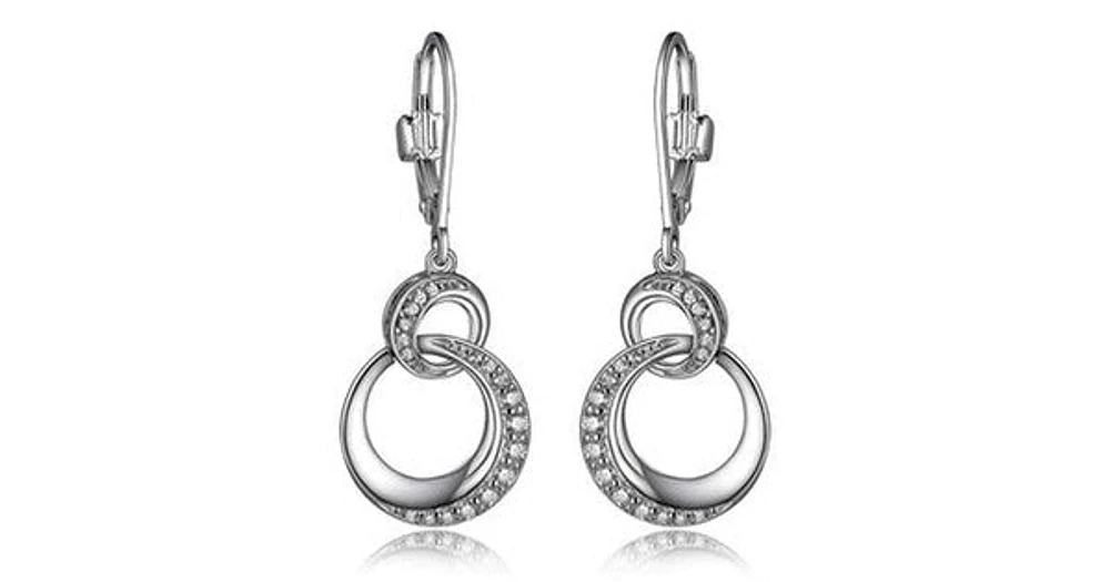 "HUG" RHODIUM PLATED DANGLE CIRCLE LINK LEVER BACK EARRING WITH CZ